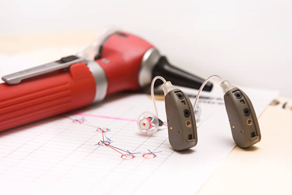 An otoscope and hearing aids are laying next to a chart showing the results of a hearing exam.