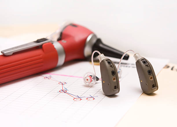 An otoscope and hearing aids are laying next to a chart showing the results of a hearing exam.